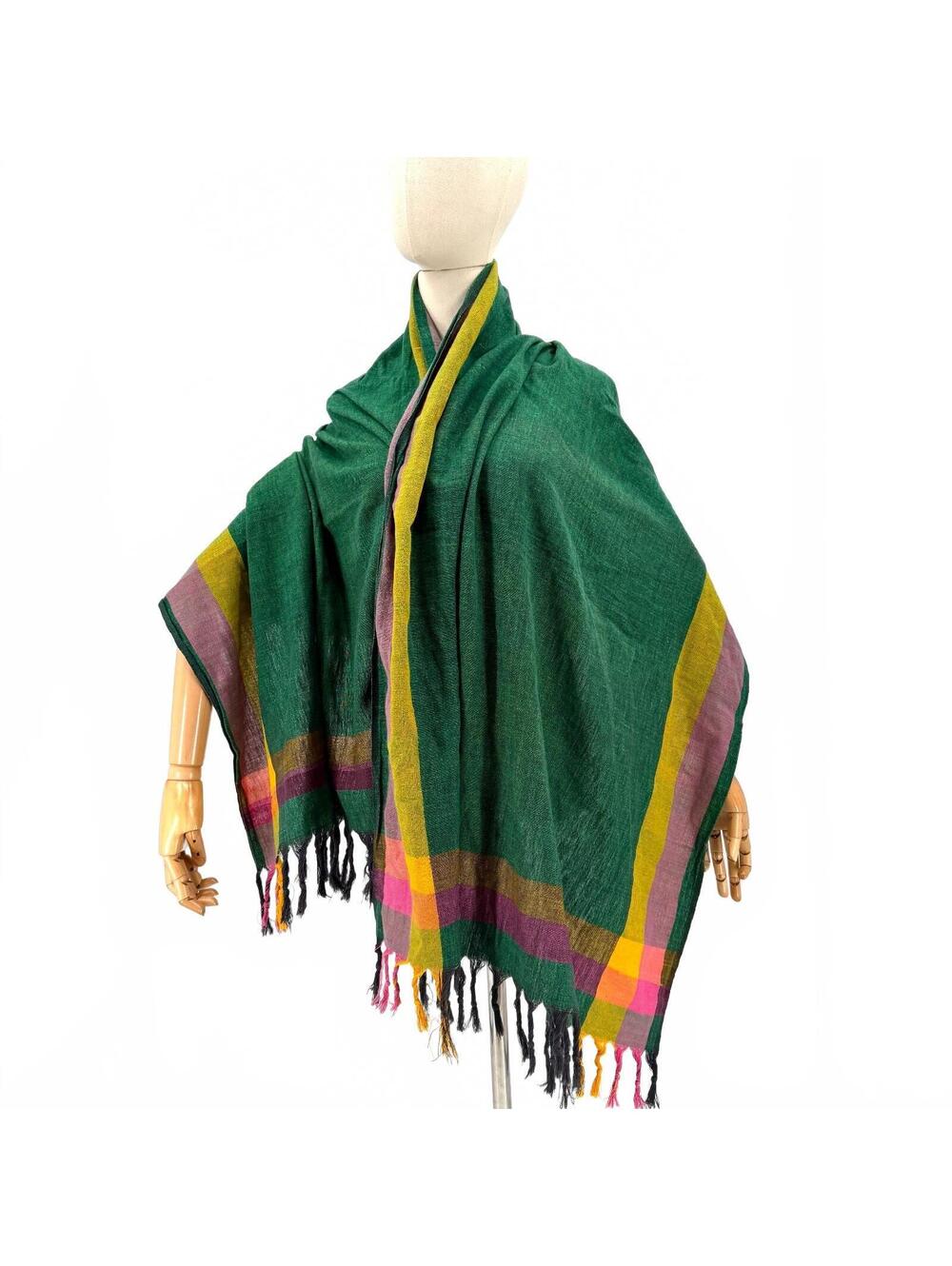 Vintage 80s Green Yellow Pink 100% Cotton Fringe Shawl Wrap